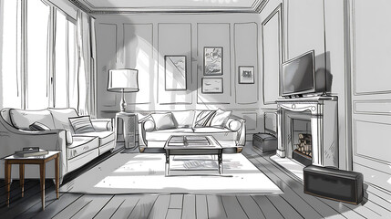 Living room graphic black white home interior sketch illustration vector, realistic interior design