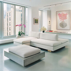 Serene minimalist living room in New York with sleek furniture and a monochromatic gray palette, enhanced by morning light.