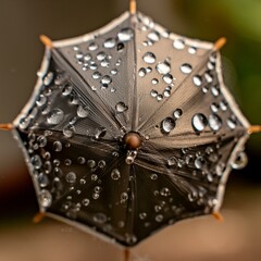 A Top View Closeup To A Dark Miniature Umbrella Holding Fresh Rain Water Drops