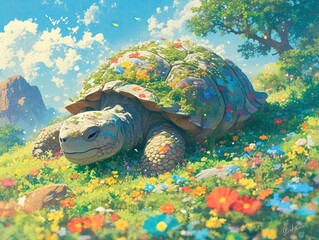 A cartoon giant tortoise napping in a sunbeam, its shell covered in a patchwork of colorful moss and tiny flowers , close-up