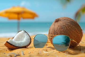Un coco en la playa con unos lentes de sol al fondo una sombrilla amarilla y el mar. Turismo y Vacaciones de verano - obrazy, fototapety, plakaty