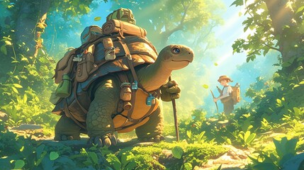 A giant cartoon tortoise wearing a backpack, setting off on a hiking adventure through a lush forest , 3d style - obrazy, fototapety, plakaty