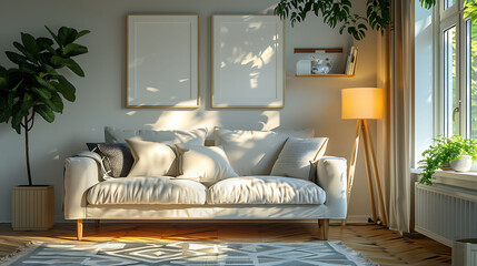 Living room with sofa, lamp and rack