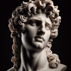 Portrait of a plaster statue of Apollo isolated on black. Gypsum statue of Apollo's bust. Greek god statue. Male statue of a Roman deity, muscular Apollo in Olympus.