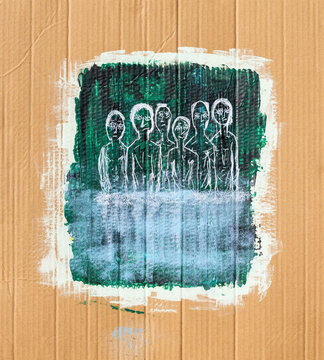 Six naked men standing in the sea Painting. 
