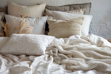 Bed with wood frame, beige linens, and comfortable white pillows and duvet