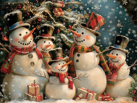 A group of snowmen are posing for a picture in front of a Christmas tree. The snowmen are wearing scarves and hats, and there are presents in the background. The scene conveys a festive