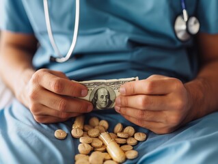 A man in a blue shirt holding a dollar bill and a bunch of pills. Concept of financial struggle and the need for medication