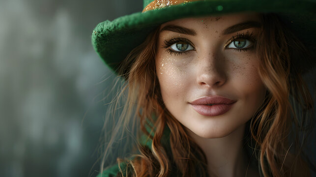 Portrait of a beautiful young woman wearing a leprechaun hat for St. Patrick's Day celebration. Suitable for holiday-related content.