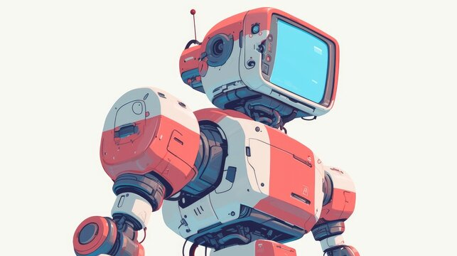 An outdated robot strolls through a pristine white backdrop in this cartoon illustration