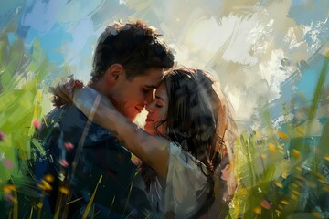 romantic young couple in love embracing outdoors tender affectionate moment digital painting - obrazy, fototapety, plakaty