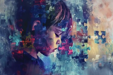 sad child with autism puzzle pieces background mental health awareness digital painting - obrazy, fototapety, plakaty