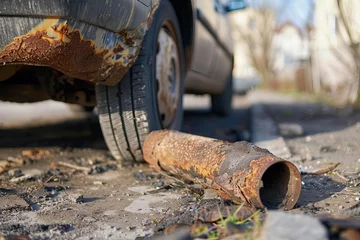 Fotobehang rusted exhaust muffler fallen from car on road vehicle breakdown concept © Lucija