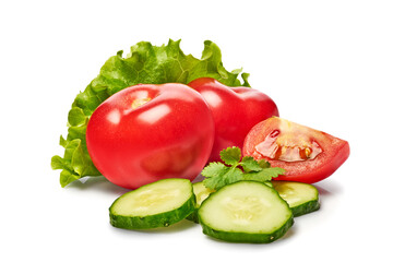 Fresh vegetables tomatoes, cucumbers, and lettuce isolated on a white background. Clipping path