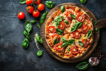 rustic homemade pizza with fresh tomatoes basil and melted cheese top view - obrazy, fototapety, plakaty