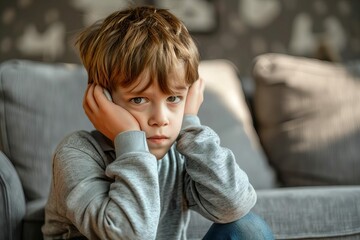 sad autistic boy covering ears stressed kid overwhelmed by sensory input - obrazy, fototapety, plakaty
