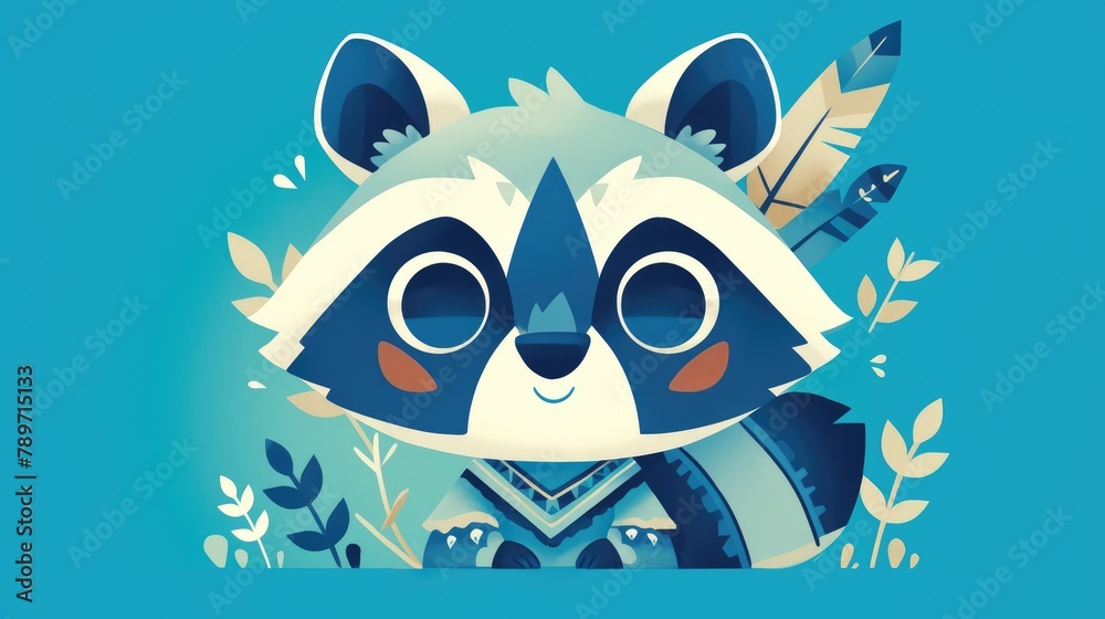 Poster Illustration of an adorable tribal raccoon with a cheerful smile depicted in a flat 2d style