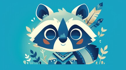 Illustration of an adorable tribal raccoon with a cheerful smile depicted in a flat 2d style