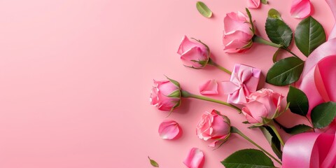 Mother's Day design concept background with pink rose flower and gift on pink background