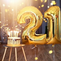 Happy twenty first birthday anniversary cake and golden helium birthday balloons number 21 inside a party room glittering in gold
