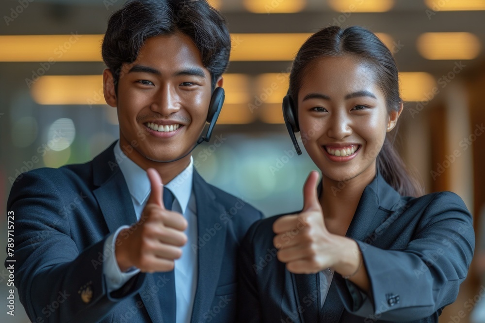 Poster Asian business couple giving thumbs up. Generative AI.