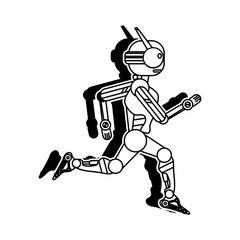 line art illustration with shadow of a running robot with antennas for icon or logo