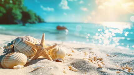 Fototapeta na wymiar Seashells and starfish on sandy beach. Summer vacation concept