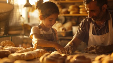 A young girl helps her father in their family bakery her small hands delicately shaping dough into rolls. The sun is just starting to peek over the horizon casting a warm glow over . - obrazy, fototapety, plakaty