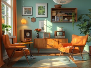 A living room with a green wall and orange chairs. The chairs are arranged in a way that they face each other, creating a cozy and inviting atmosphere. The room is filled with various items
