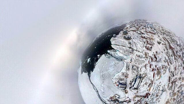 Greenland town in winter - tiny planet 