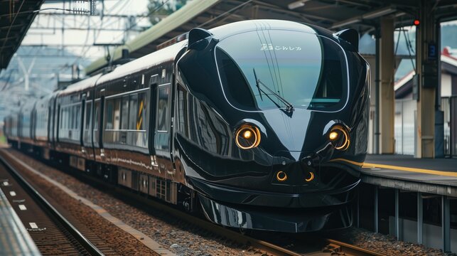 Black modern futuristic high speed train in the city