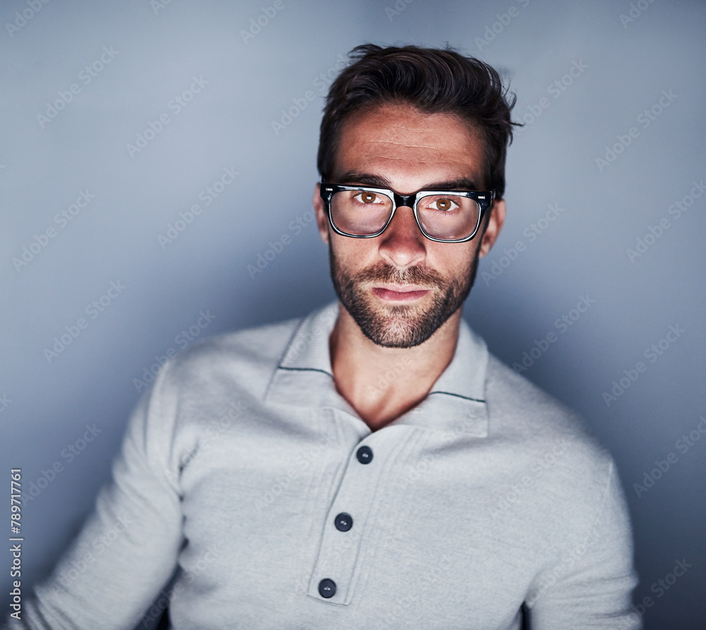 Leinwandbilder man, portrait and night for research in studio on grey background with glasses as web designer. webs
