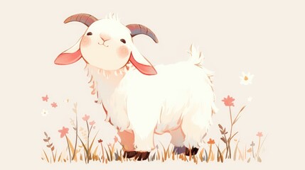 A cute little goat illustrated in a charming hand drawn cartoon sketch