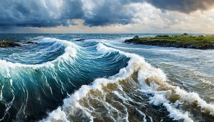 Waves of water of the river and the sea meet each other during high tide and low tide - obrazy, fototapety, plakaty