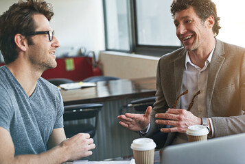 Colleague, talking and coffee in office for company career and planning for business strategy in discussion with laptop. Professional person or analyst with employee and smile for innovative feedback