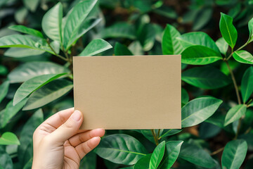 Hand holding blank brown paper card in nature background. Mockup of paper card note on green leaves background. Generative AI