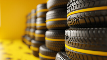 Yellow and black tires on yellow background, Stack of new tires. Generative AI