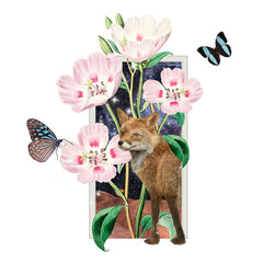 Floral fox png sticker, surreal escapism badge, transparent background