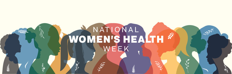 National Women's Health Week banner design. It features a colorful silhouette of women. Vector illustration - obrazy, fototapety, plakaty