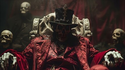 Skeletal Overlord Enthroned in Crimson and Bone. Concept Fantasy Art, Dark Theme, Skeleton King, Throne of Bones, Crimson Aesthetic - obrazy, fototapety, plakaty