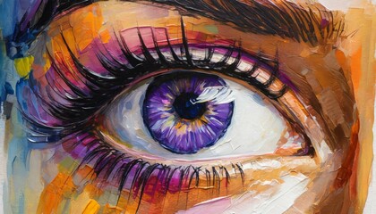 A vibrant painting showcasing a womans eye with violet iris, detailed eyelashes, and flawless...