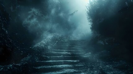 Mystic Fog Envelops Ancient Steps. Concept Adventure Photography, Atmospheric Lighting, Historical Architecture