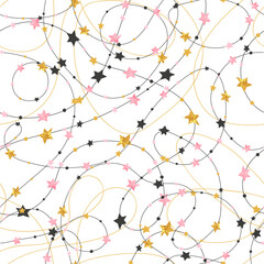 Seamless stars pattern in pink, black and golden colors. Vector celebration party background