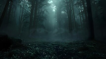 Mystic Forest Whispers: Enigmatic Shadows and Fog. Concept Enchanted Woods, Mysterious Shadows, Magical Fog, Nature Photography - obrazy, fototapety, plakaty