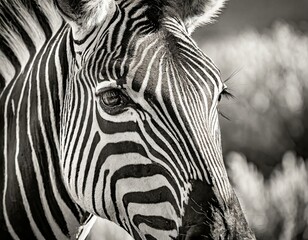 A close up of a zebras eye, neck, and snout featuring intricate blackandwhite striped pattern. The monochrome photography highlights the zebras liquid eyes and long eyelashes