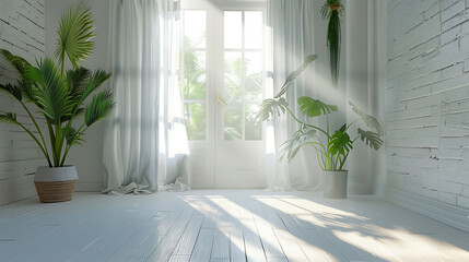 View of stylish white apartment design in lagom style, realistic interior design