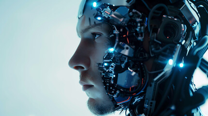 Human and Technology Fusion: Portrait of Man Integrating with Advanced Machine Parts