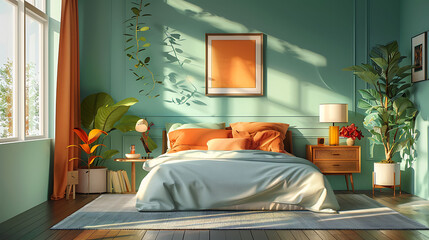 Vintage interior background with mid century modern bedroom , vector , illustration, realistic interior design