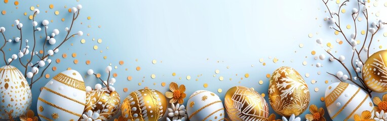Frohe Ostern - Celebration of Holidays with German Text, White and Golden Easter Eggs, and Palm Branches on White Textured Background, Top View - obrazy, fototapety, plakaty