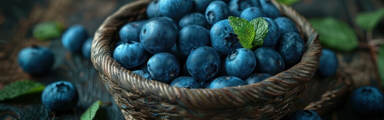Summer Blueberries: Closeup of Ripe Fruits and Leaves in Wooden Basket on Dark Table - Food Photography - obrazy, fototapety, plakaty